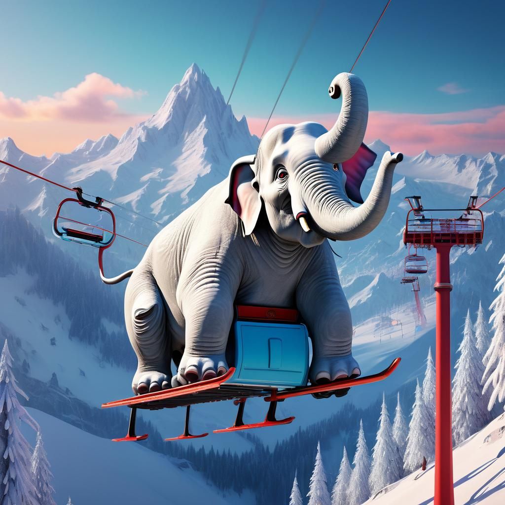 White Elephant's Snowy Adventure with Demons: 3D Digital Art