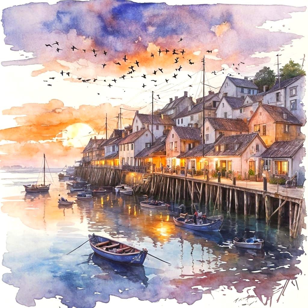 Charming Seaside Village at Sunset in Watercolour Style