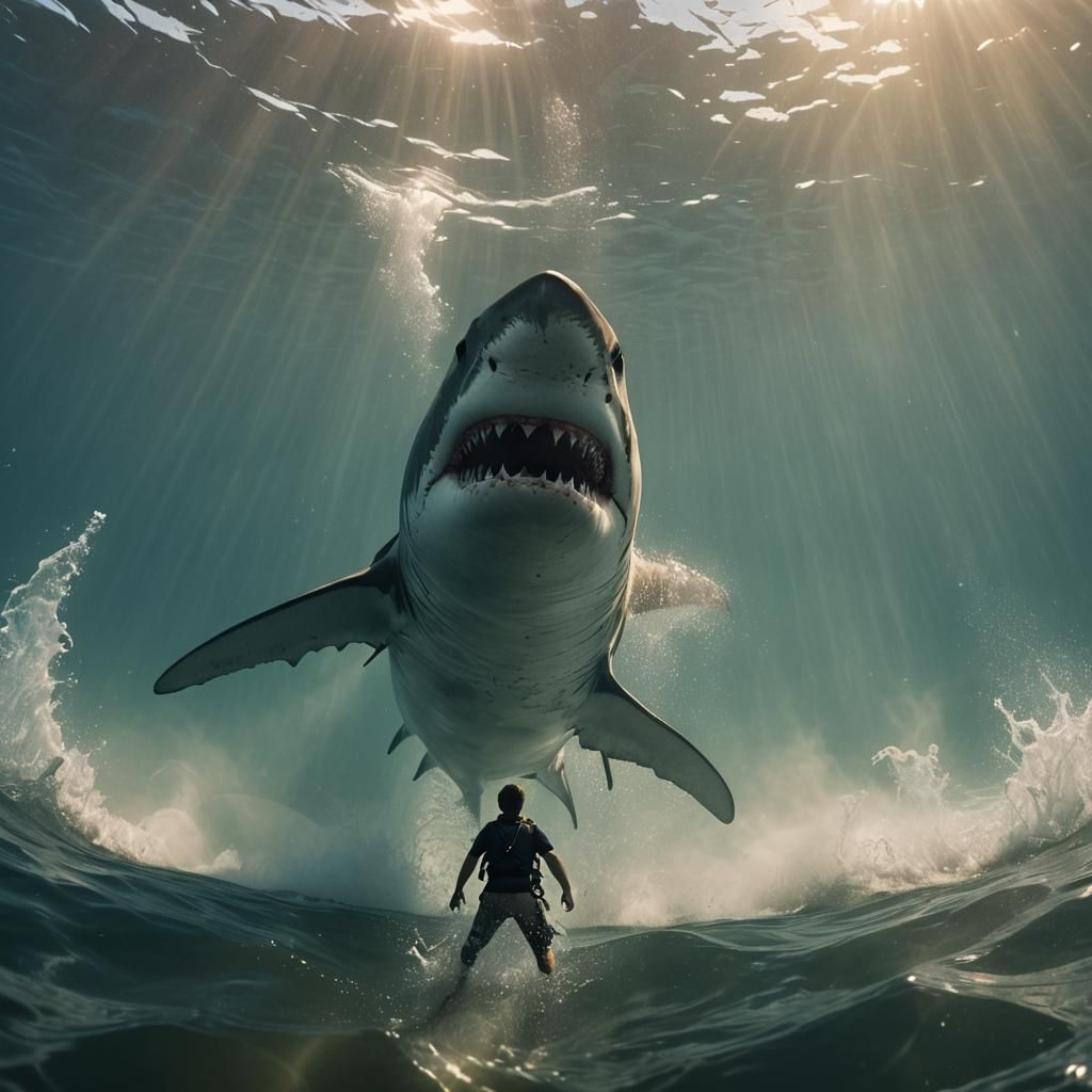 Giant Shark Stares Upward in Cinematic Underwater Scene