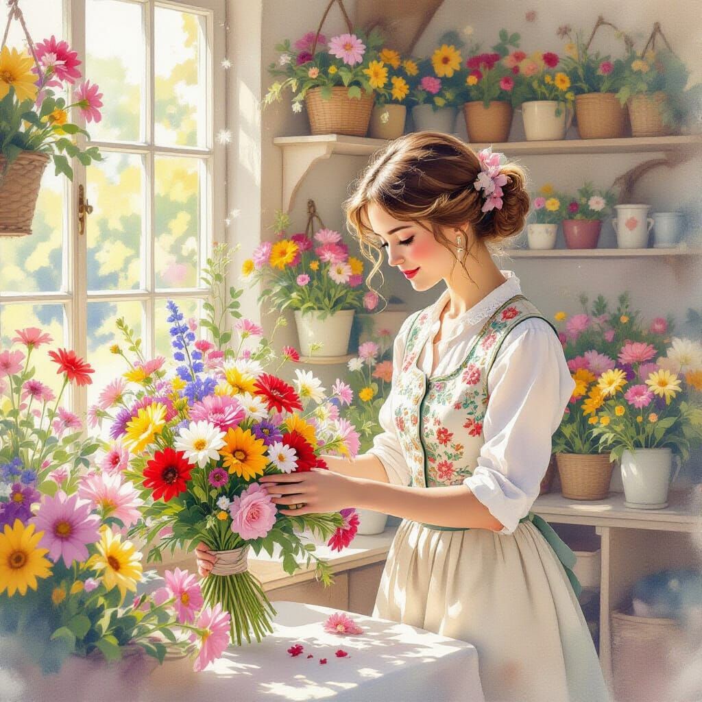 Sun-Drenched Flower Shop with Woman Arranging Bouquet