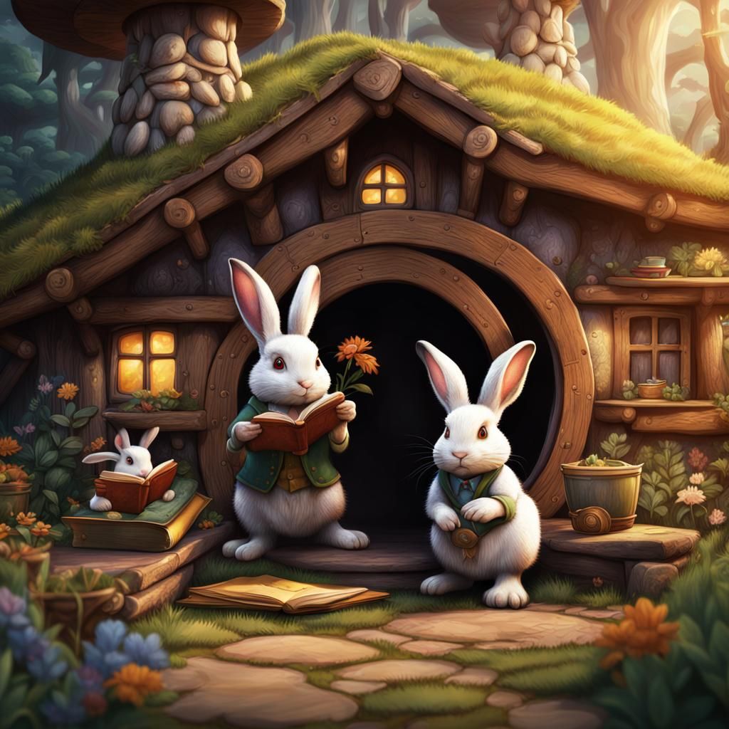 Rabbit Family in Hobbit House, Potter Style Book Cover