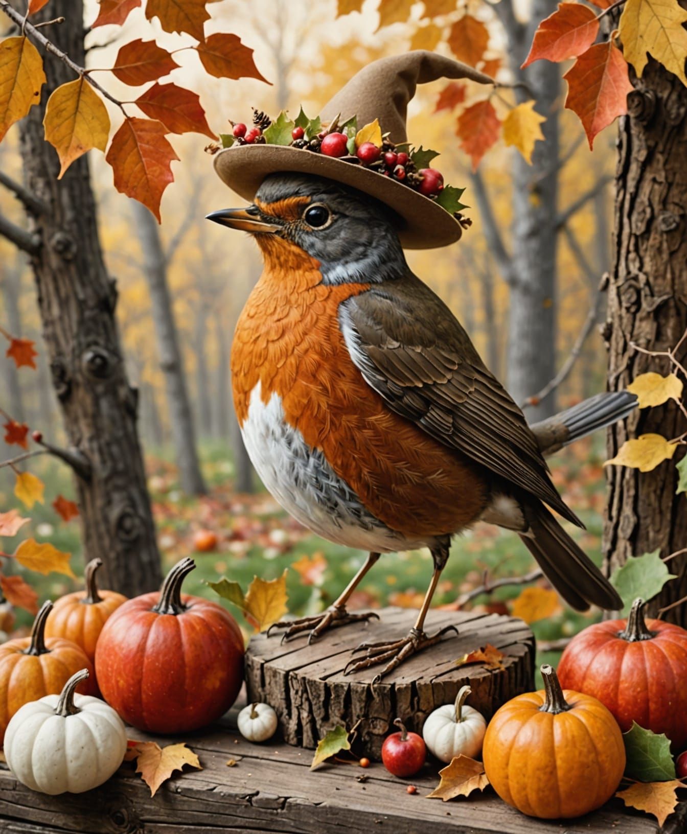 American Robin Wears Felt Leaf Pilgrim Hat in Woodland Scene