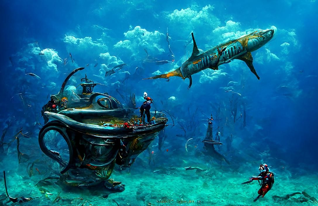 Scuba Diver Meets Shark in Ocean Depth