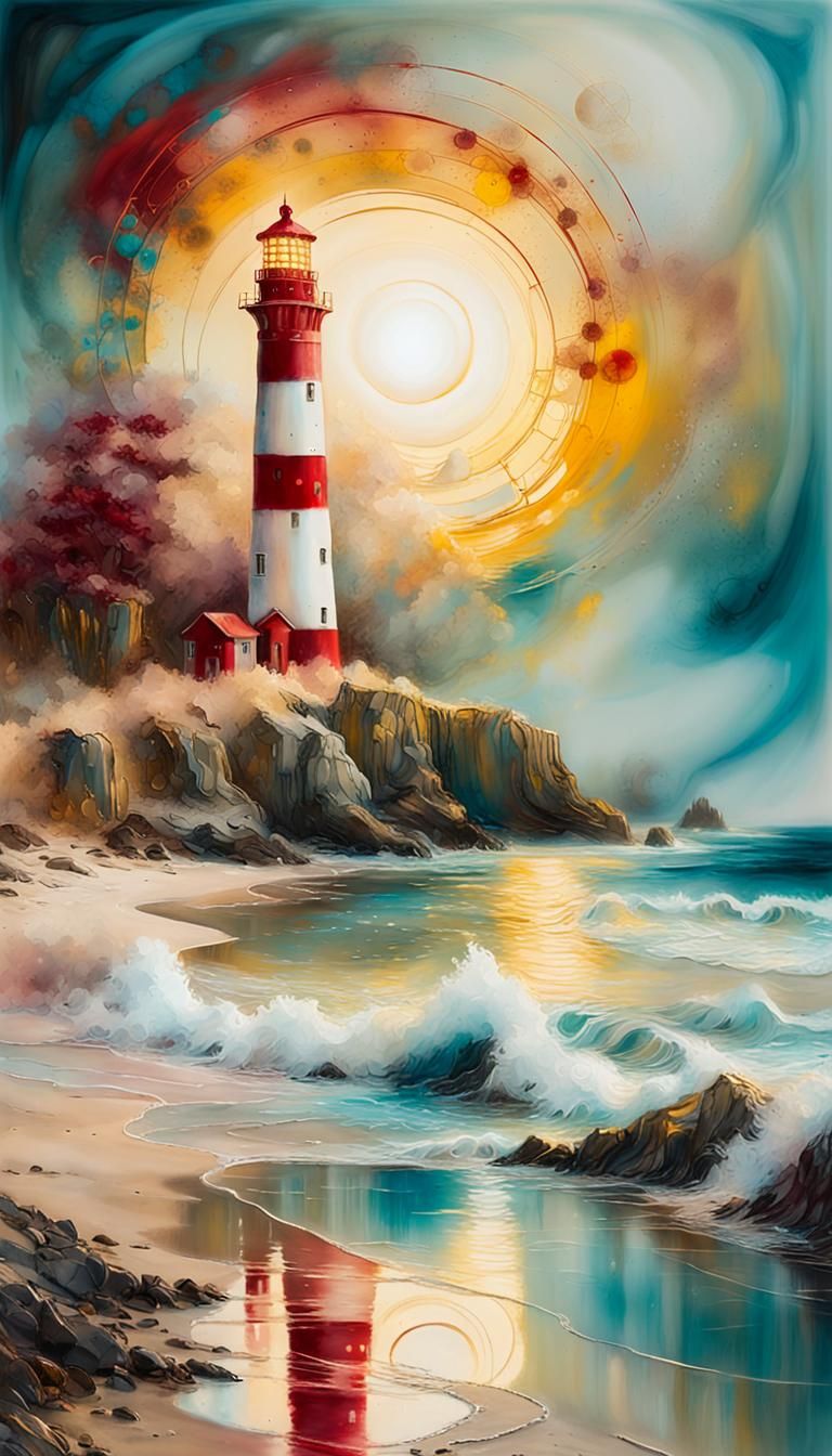 Encaustic mixed media. Magical Beach with a red and white li...