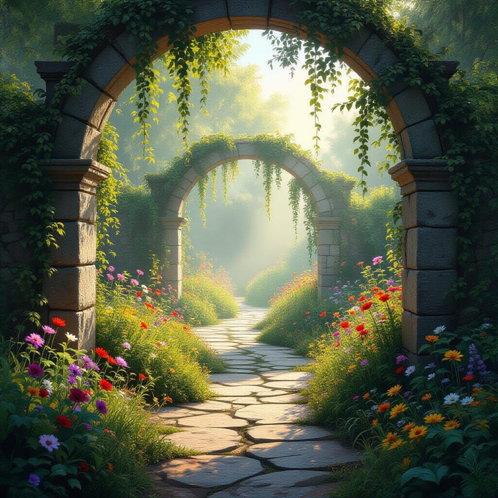 Enchanted Mist Garden with Stone Archways