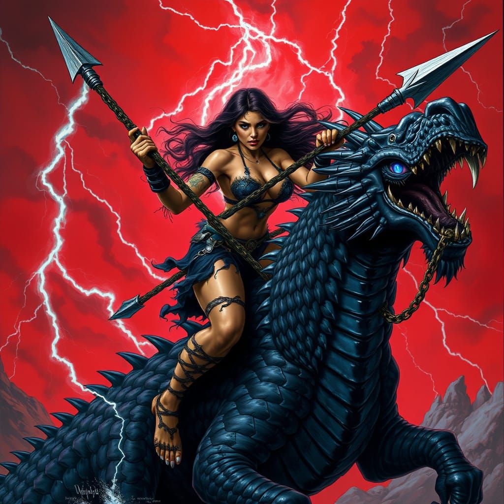 Gothic Warrior Rides Dragon Through Crimson Storm