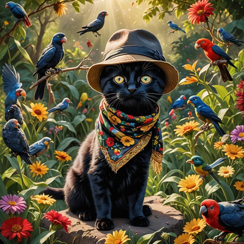 Black Cat Kitten Plays in Sunny Garden: Oil Painting