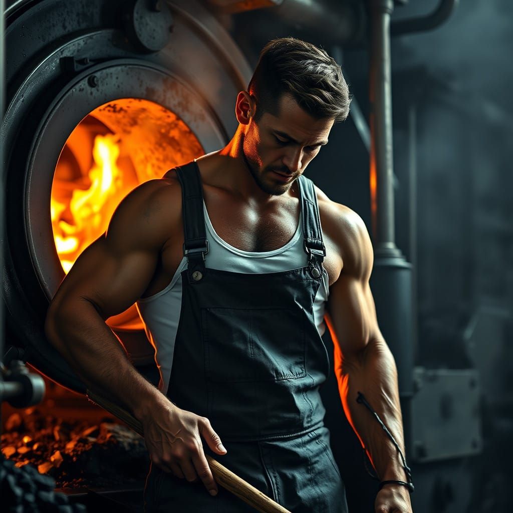 Sweaty Boiler Man in Intense Industrial Setting