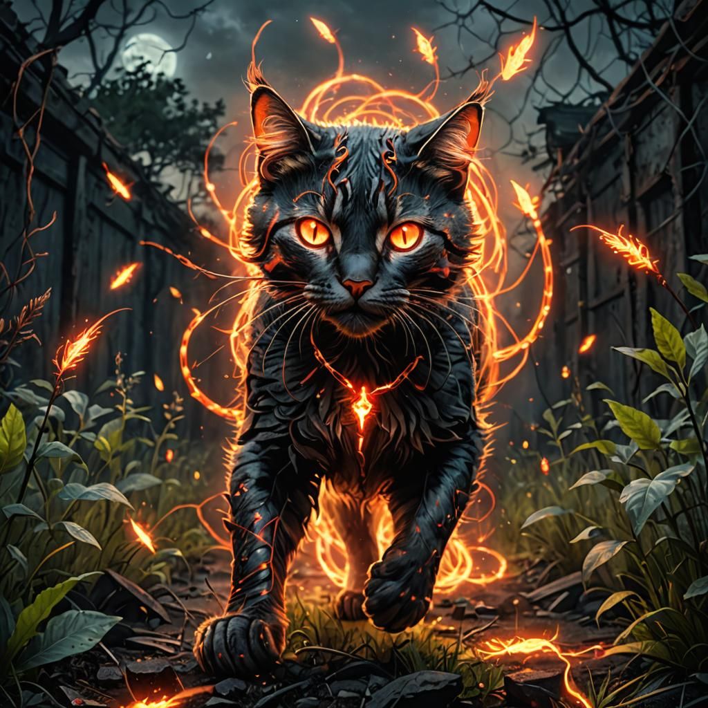 Post-Apocalyptic Luminescent Cat in Battered Garden