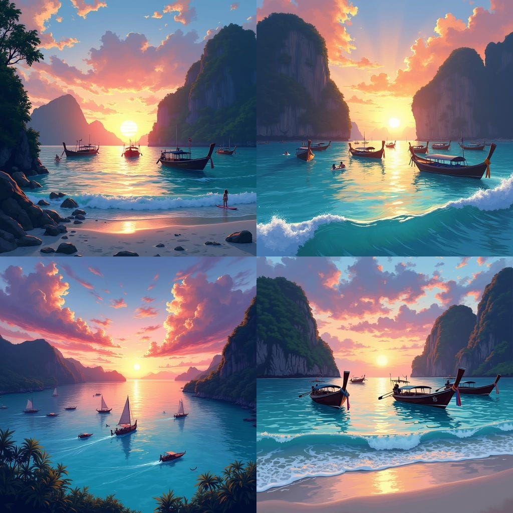 Maya Bay Sunset with Boats and Surfing in Anime Style