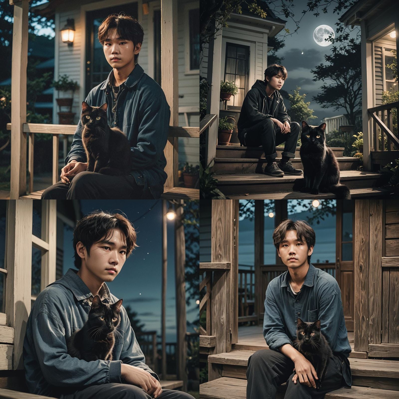Moonlit Porch: Man and Cat in Cinematic Style