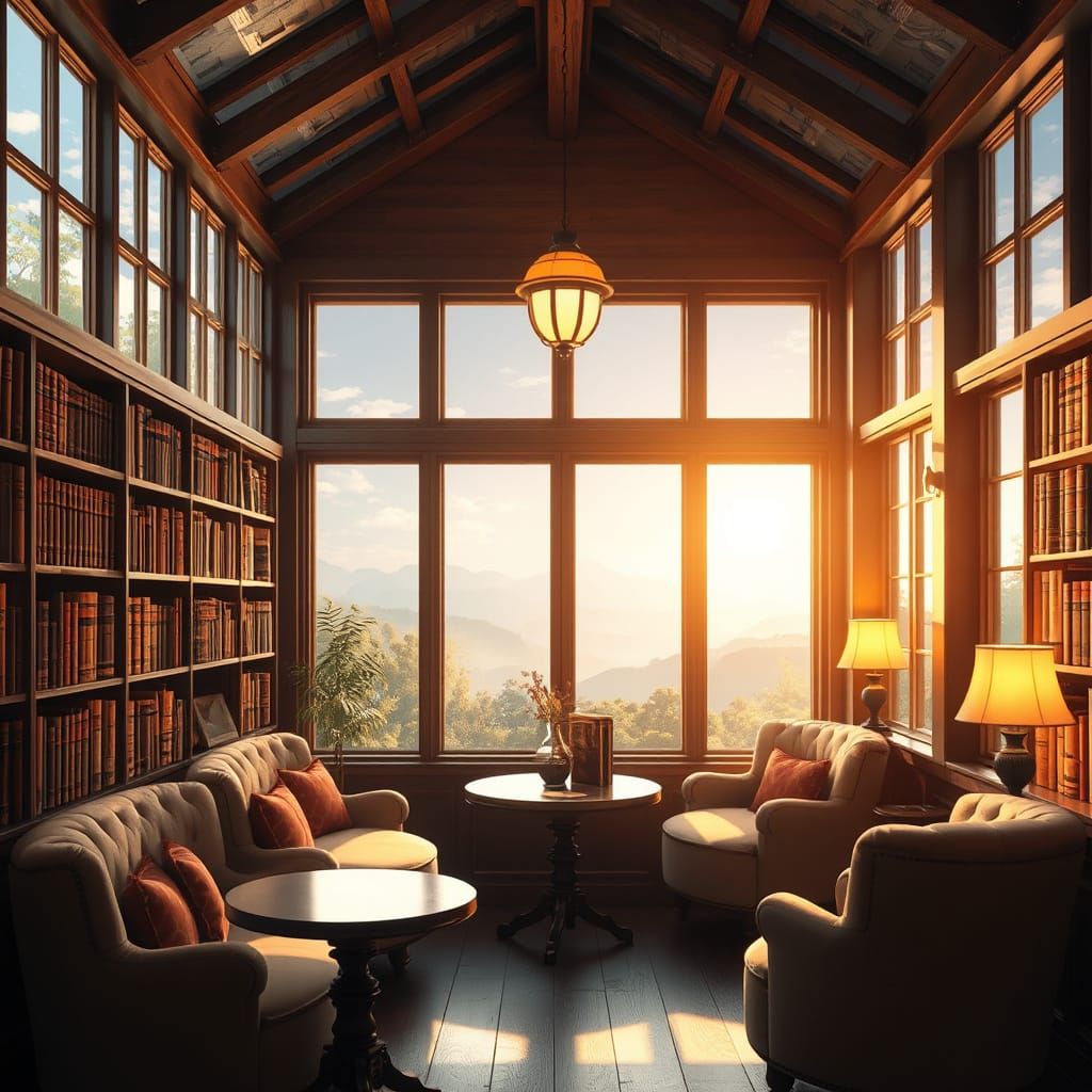 Cozy Cafe Library with Nature View