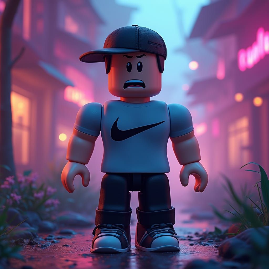 Scared Roblox Avatar in Dreamlike Environment