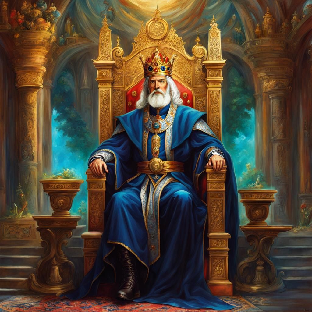 Stern King on Throne in Anime-Infused Pre-Raphaelite Style