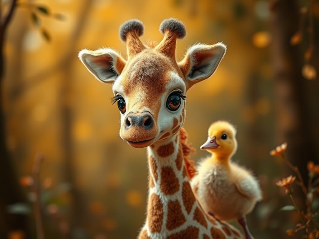 Whimsical Baby Giraffe and Duckling in Magical Forest