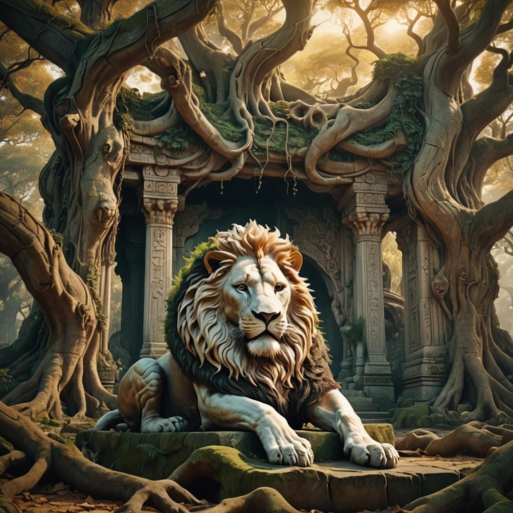 Lion in Mystical Forest Temple: Surreal Digital Art