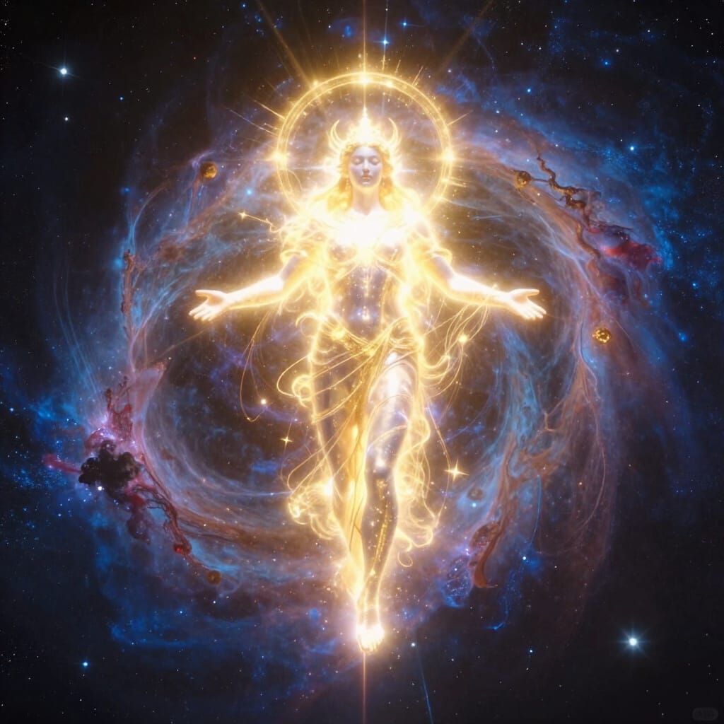 Divine Cosmic Being Ascends from Nebula in Epic Fantasy Styl...