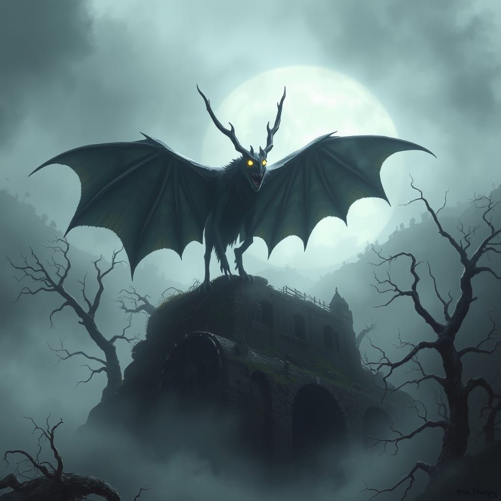 Glowing Mothman Perched on Crumbling Appalachian Mine