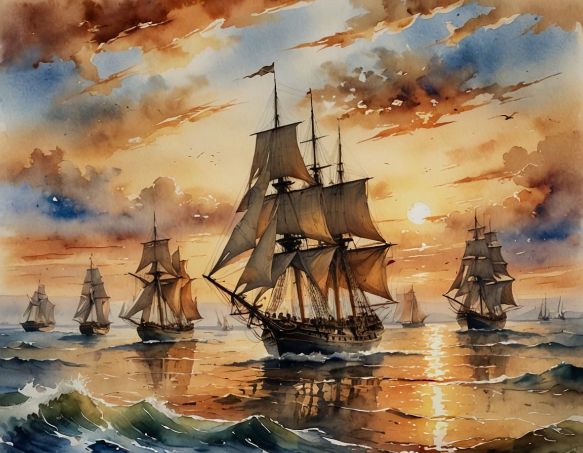 Sunset Sails: A Watercolor Painting in Romantic Style
