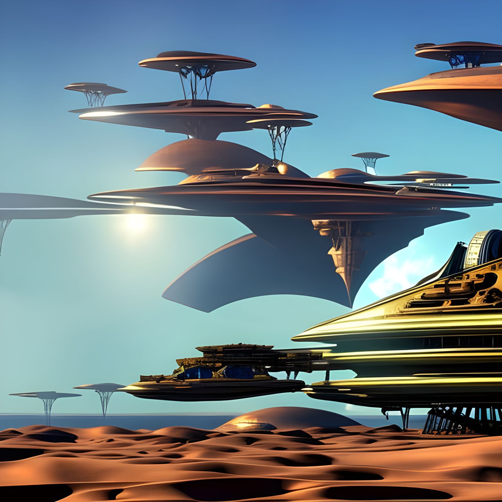 Futuristic Biomechanical Earth with Steampunk Ships