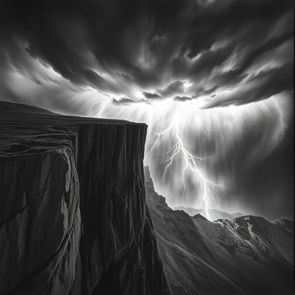 Stormy Cliff in Intense Black-and-White Light