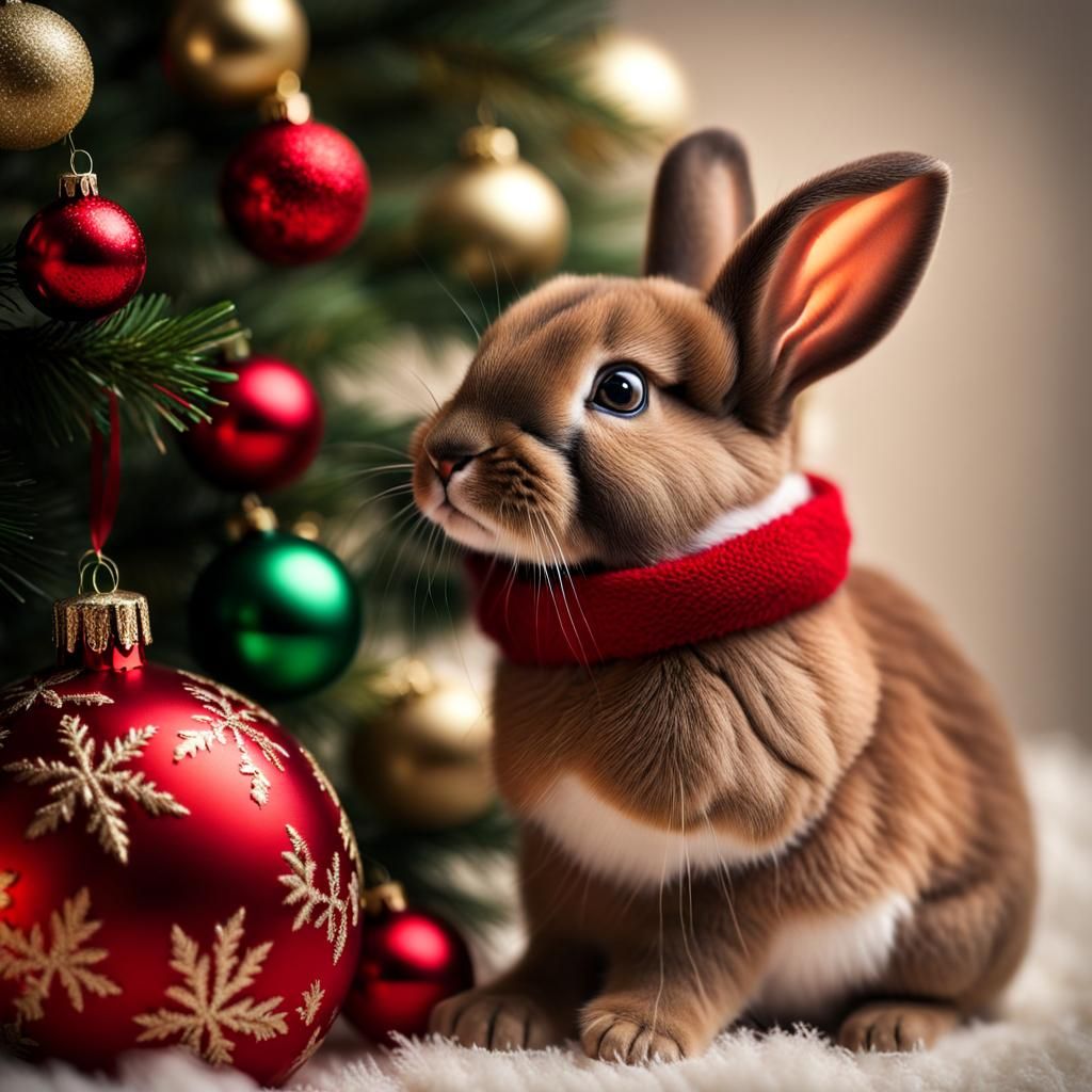 Hyperrealistic Bunny with Christmas Tree Ornaments