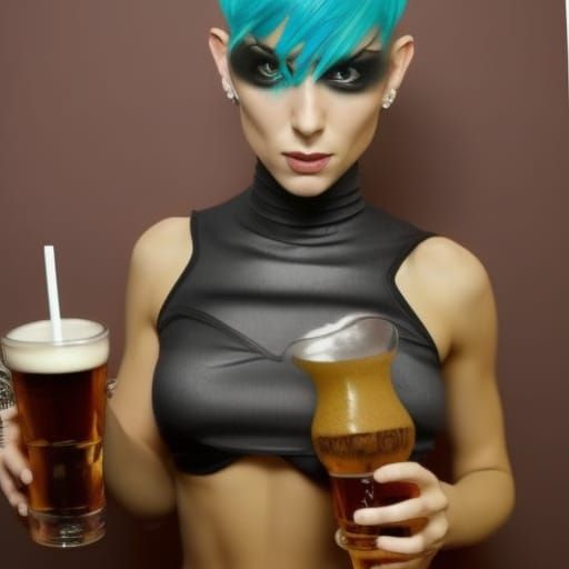 Tall hourglass figure Humanoid female short pixie hair mohawk haircut Cara muscle abs large revealing mini skirt wet t-s...