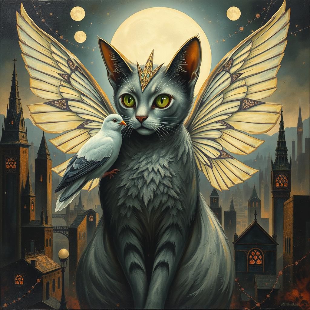 Fairy Elf Cat with Dove in Dystopian Cityscape