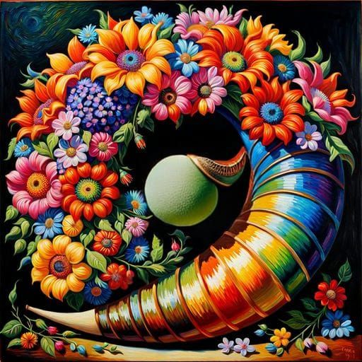 Radiant Rainbow Flowers Overflowing Horn of Plenty
