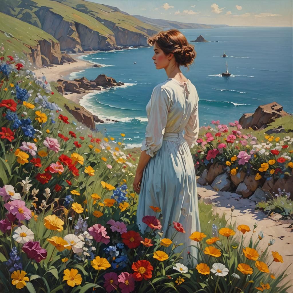 Woman by the Sea with Flowers, Oil Painting
