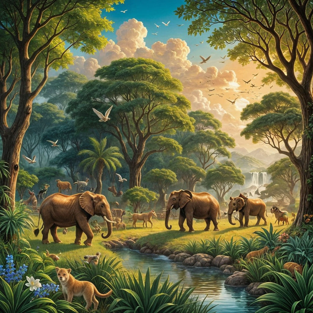 Fauna Boarding Noah's Ark in a Whimsical Scene