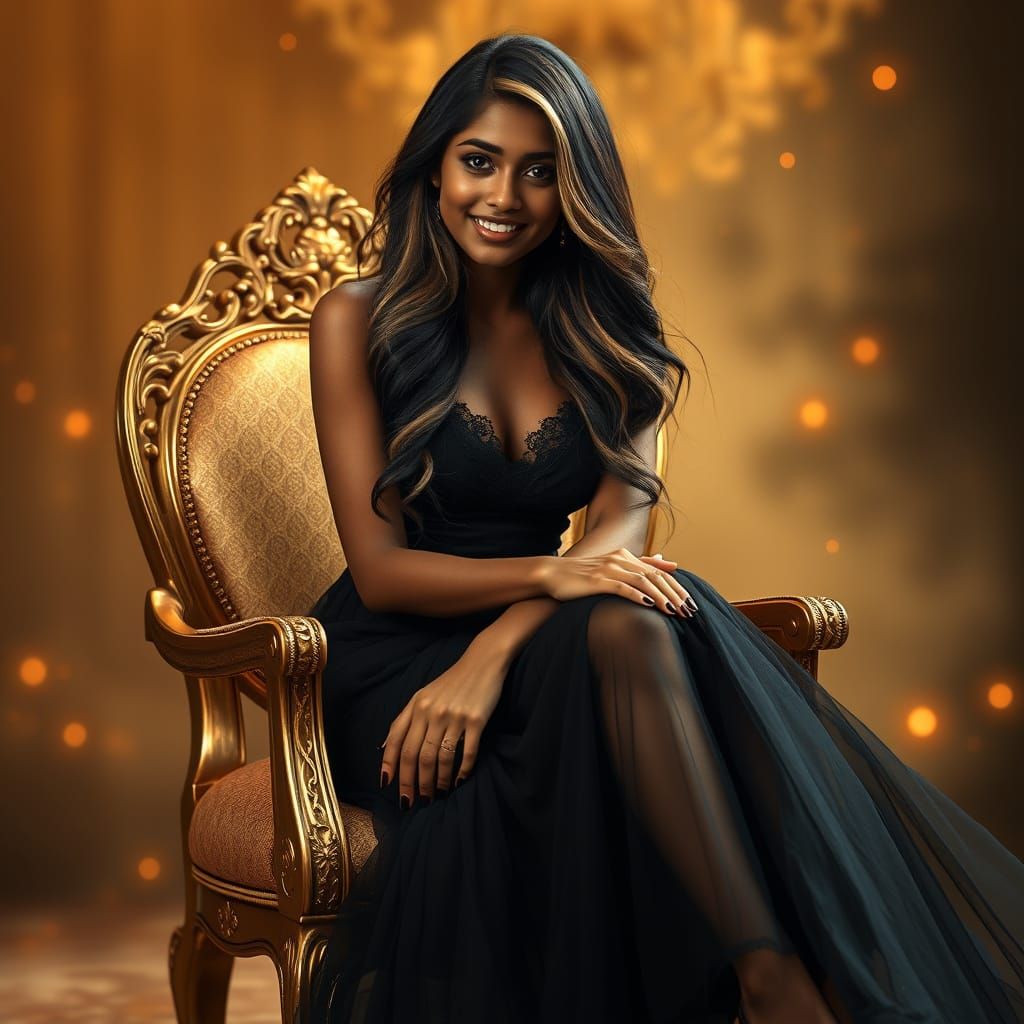 Sri Lankan Woman in Gilded Gown with Golden Haze