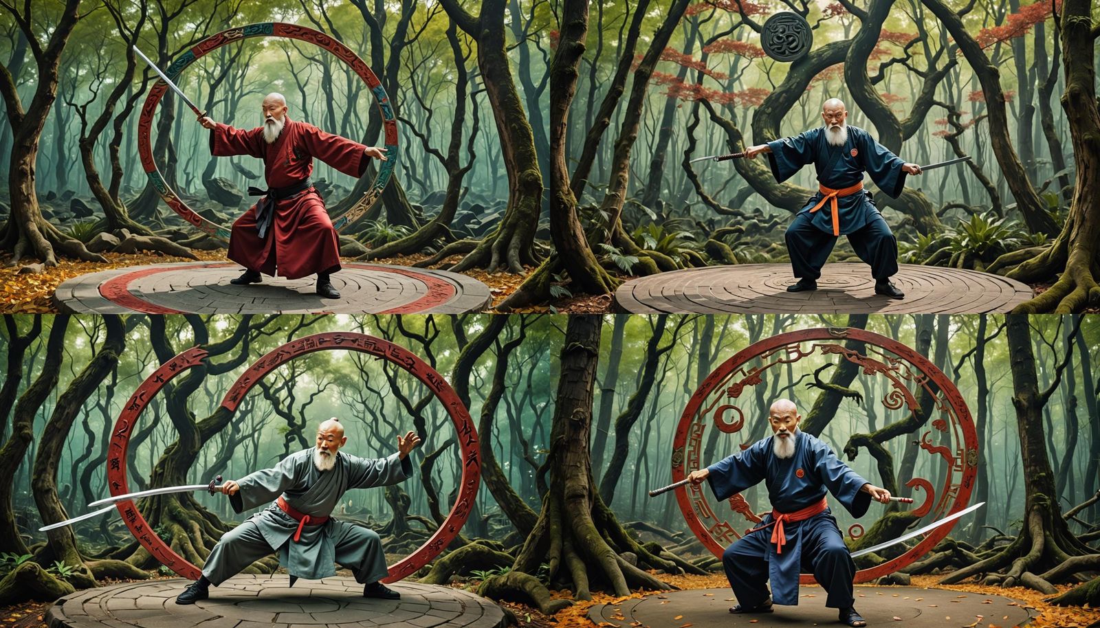 Shaolin Master's Surreal Sword Dance in Dreamlike Forest
