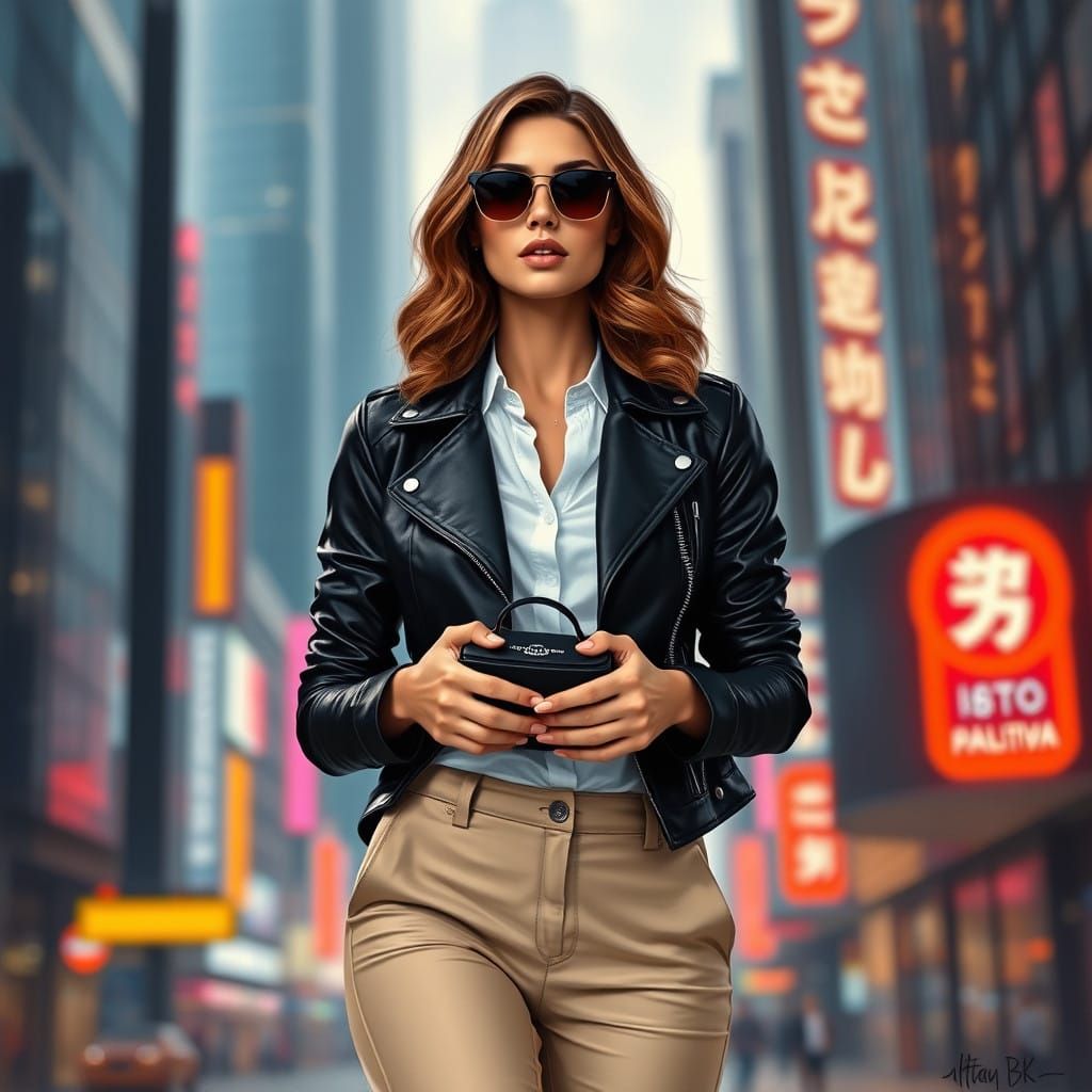 Beautiful Woman in Futuristic Cityscape Oil Painting