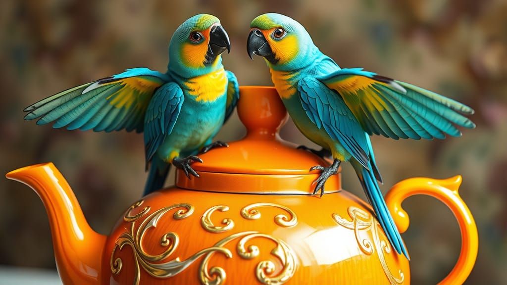 Vibrant Parrots on Ornate Teapot: Digital Painting