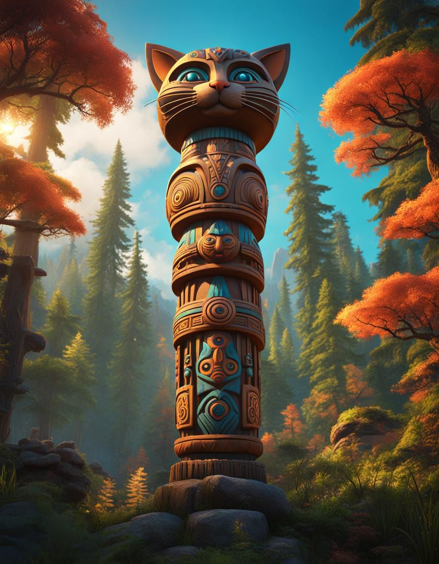 Tribal Cat Totem Pole in Daylight Forest