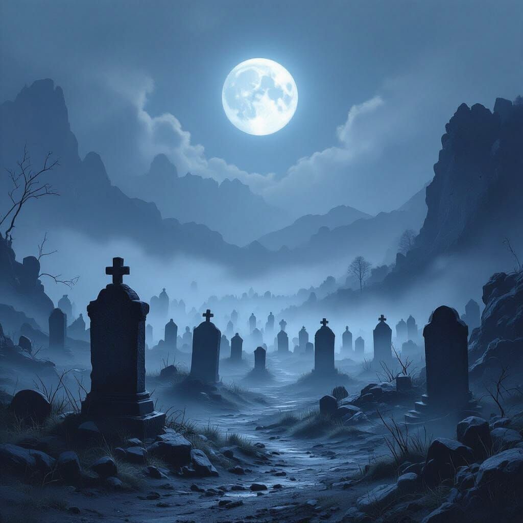Haunting Gothic Valley of Gravestones Under Pale Moon
