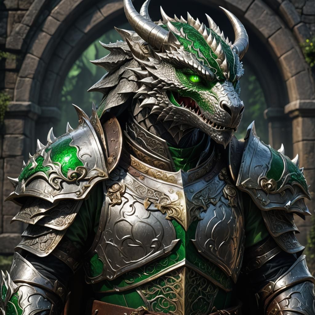Silver Dragonborn Paladin with Green Eyes