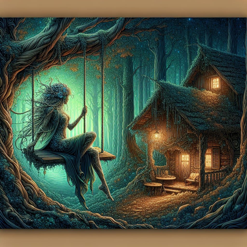 Dryad on a Swing Near Forest Cabin in 3D