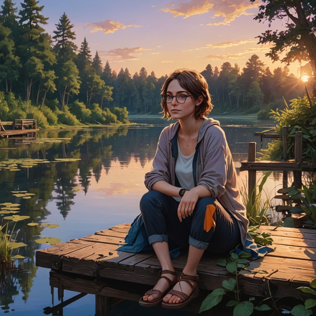 Girl on Dock Overlooking Lake: Fantasy Concept Art