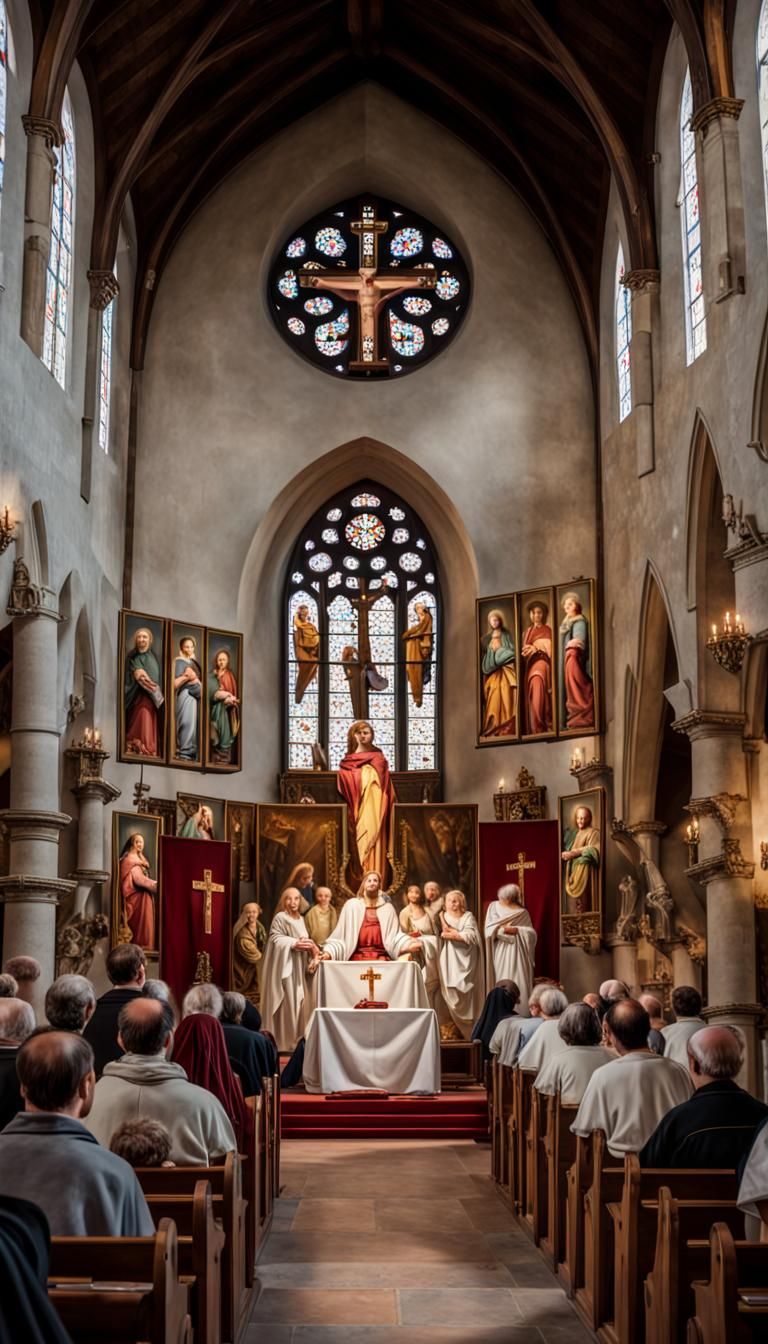 Grand Medieval Catholic Church Interior Scene
