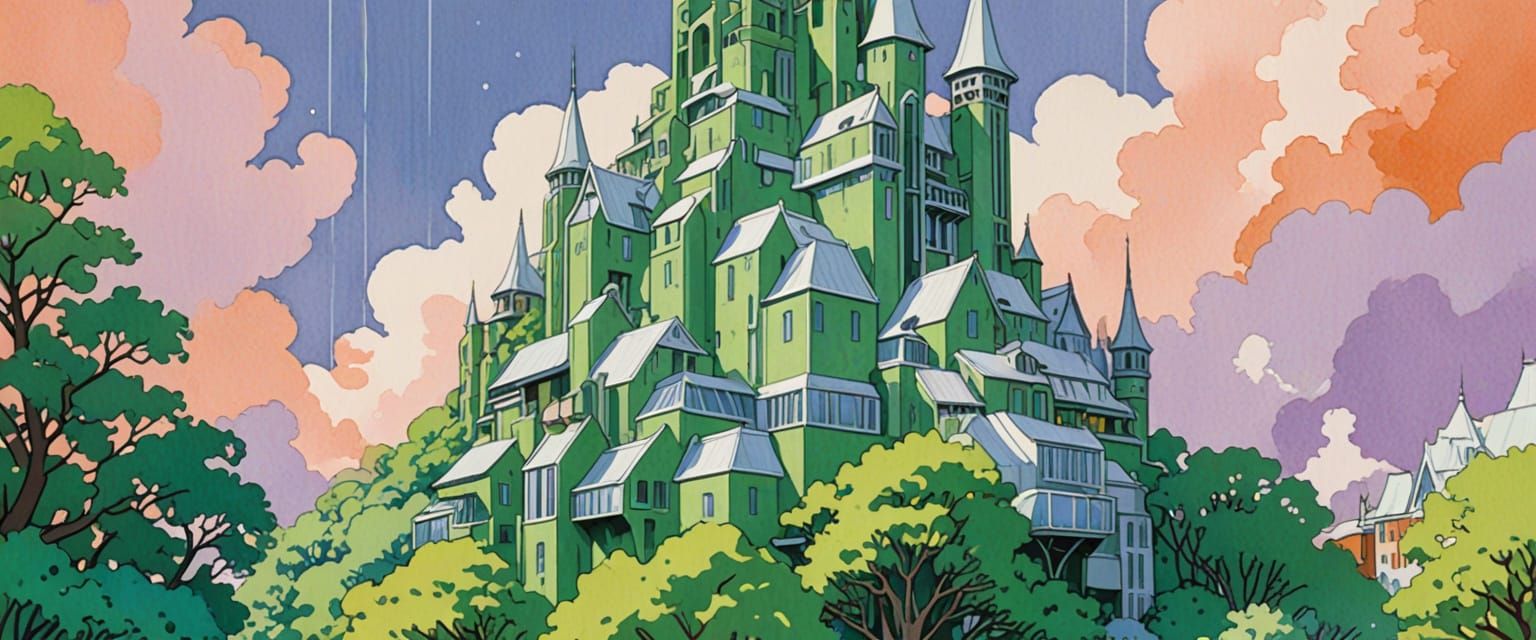 Futuristic Scandinavian Cityscape in Gouache and Watercolor