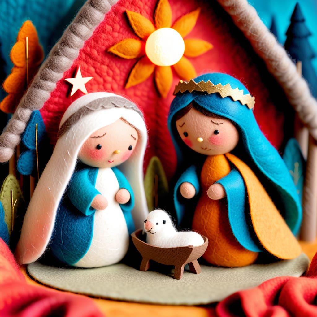 Vibrant Felt Nativity Scene in Macro Detail