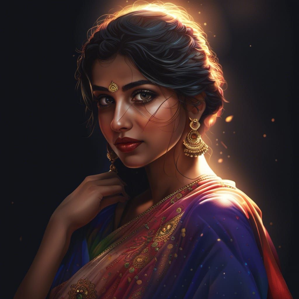 Beautiful Girl in Saree: Dark, Realistic 8k