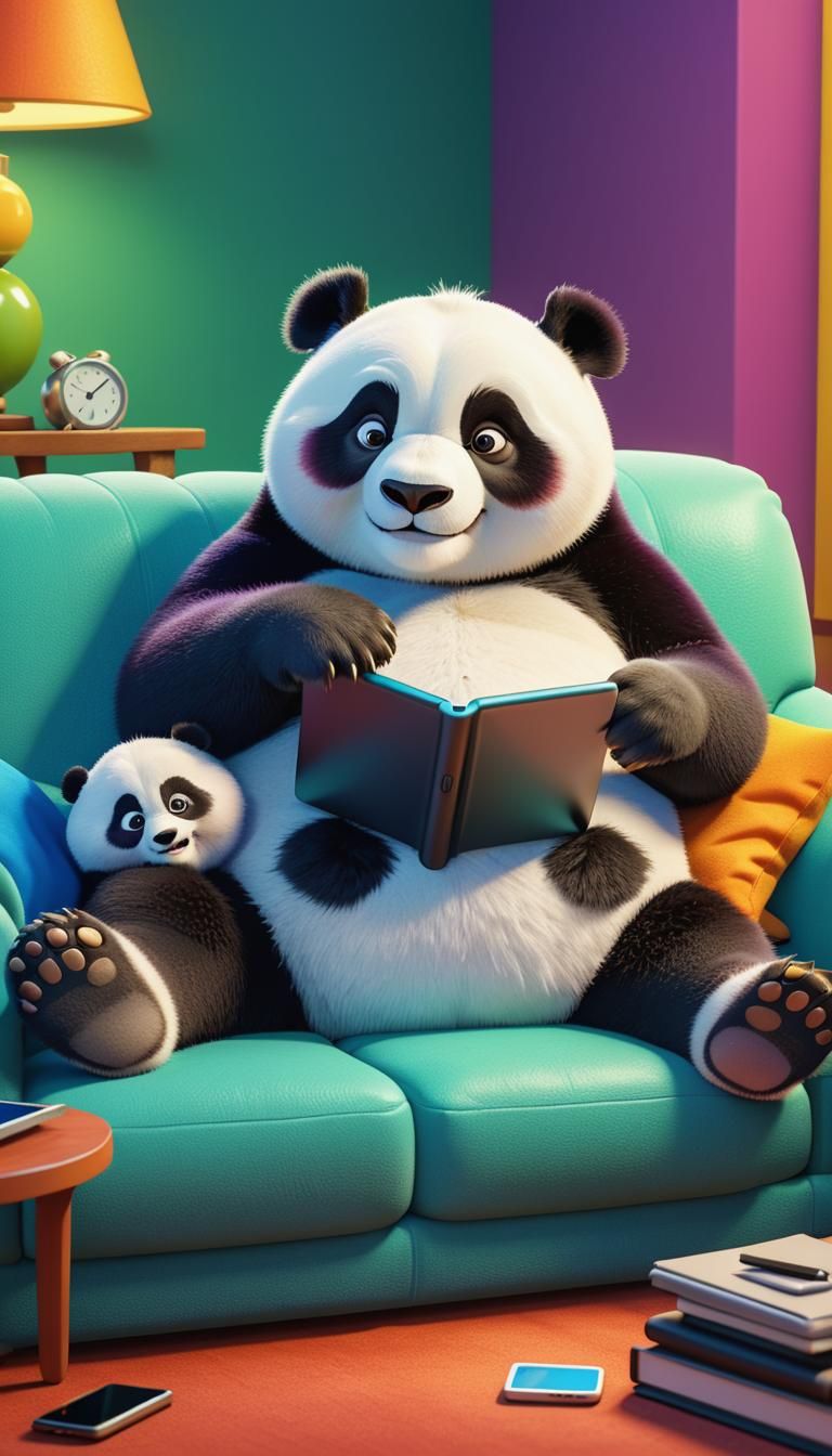Fluffy Panda on Couch with iPad in Pixar Style