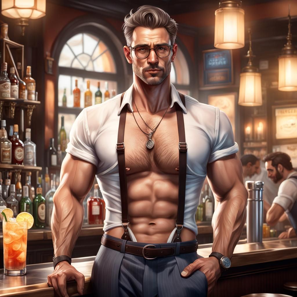 Handsome Bartender in Cozy Bar, Hyperrealistic Detail