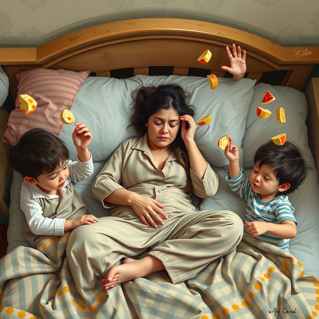 Mother's Morning Chaos in Whimsical Watercolor Style