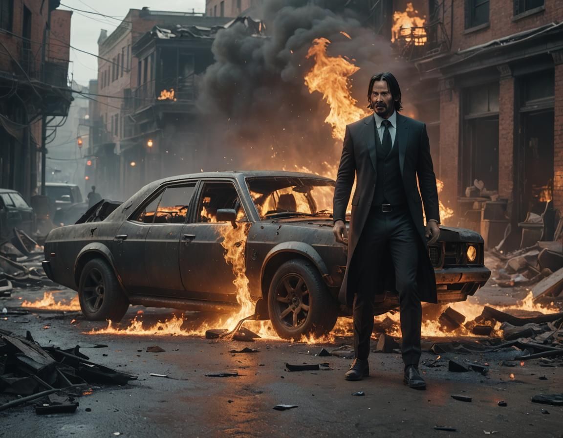 John Wick in Front of Burning Car: Detailed Matte Painting