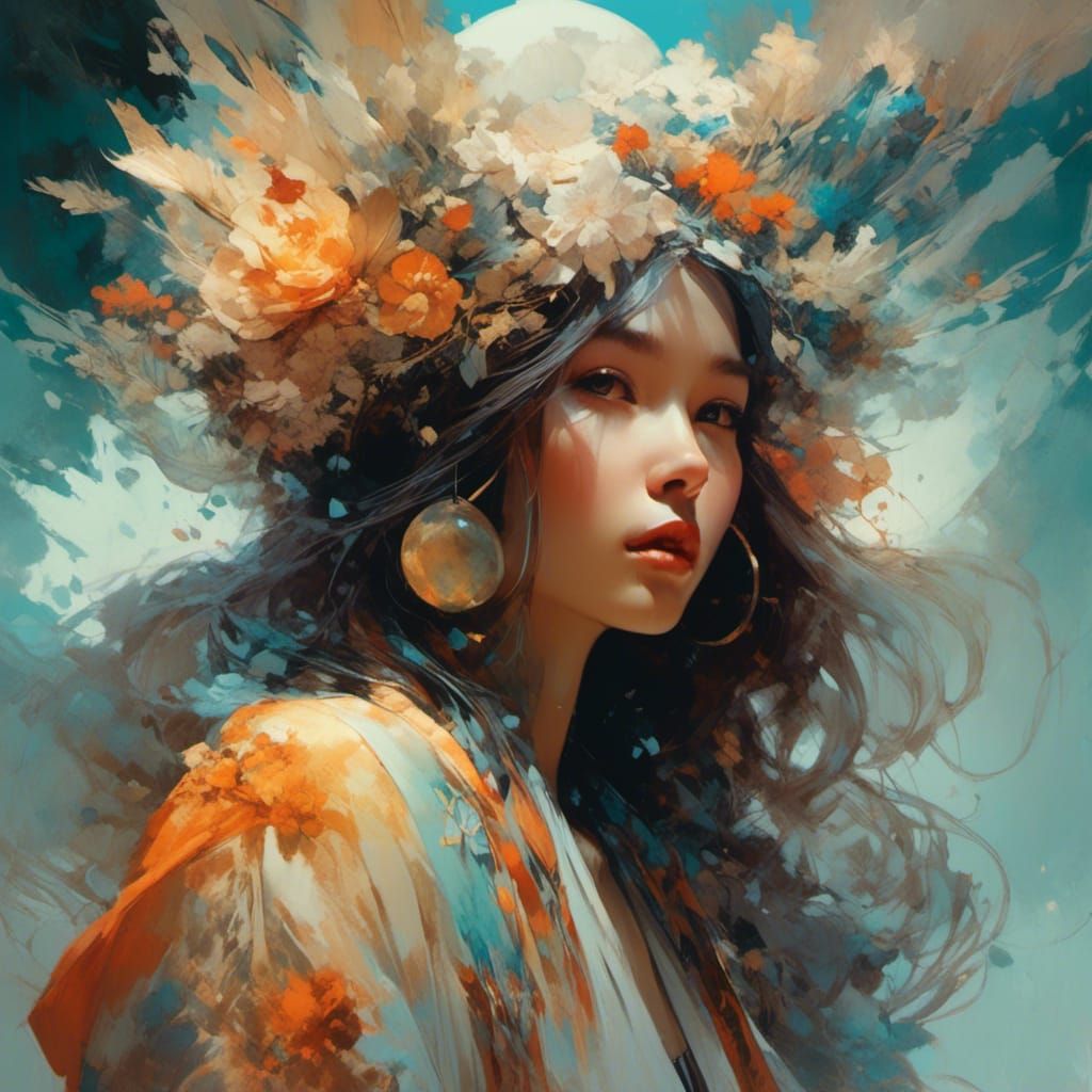 Hippie Girl in Pointillist Fantasy Art Style