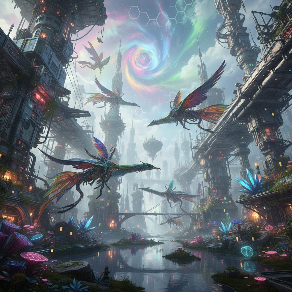Rainbow Creatures in Futuristic Kaleidoscopic Landscapes